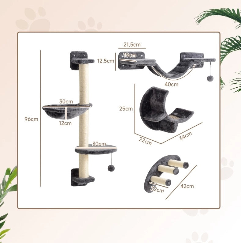 Set da parete per gatti a 4 elementi grigio scuro, per gatti fino a 5 kg