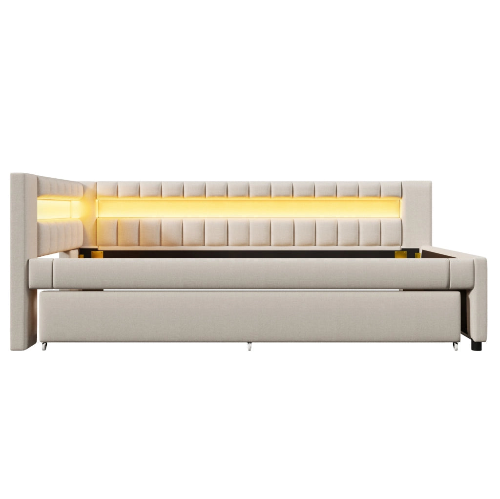 Daybed estraibile con illuminazione LED, 90x200 cm, in lino beige con porte USB e TYPE-C