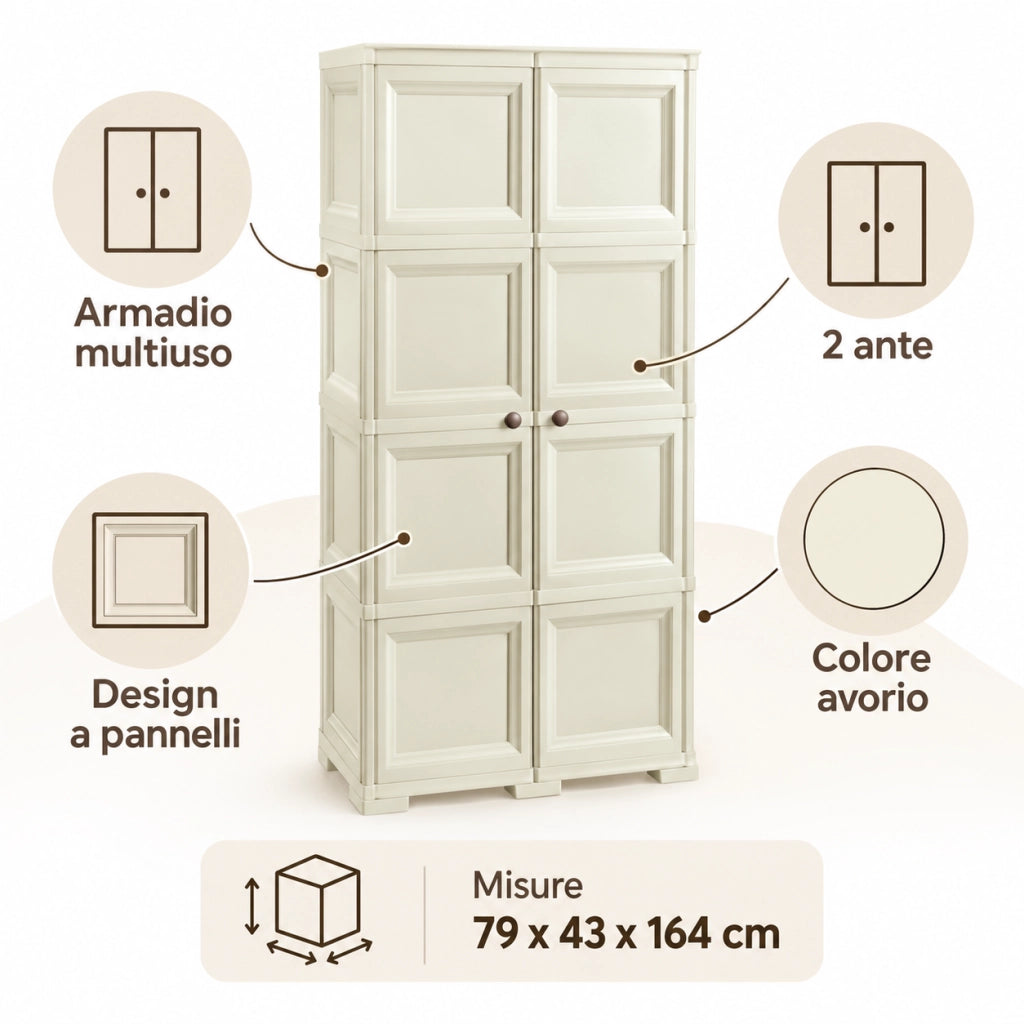 Armadio Multiuso 2 Ante Avorio 79x43x164 cm con Pannelli Decorativi