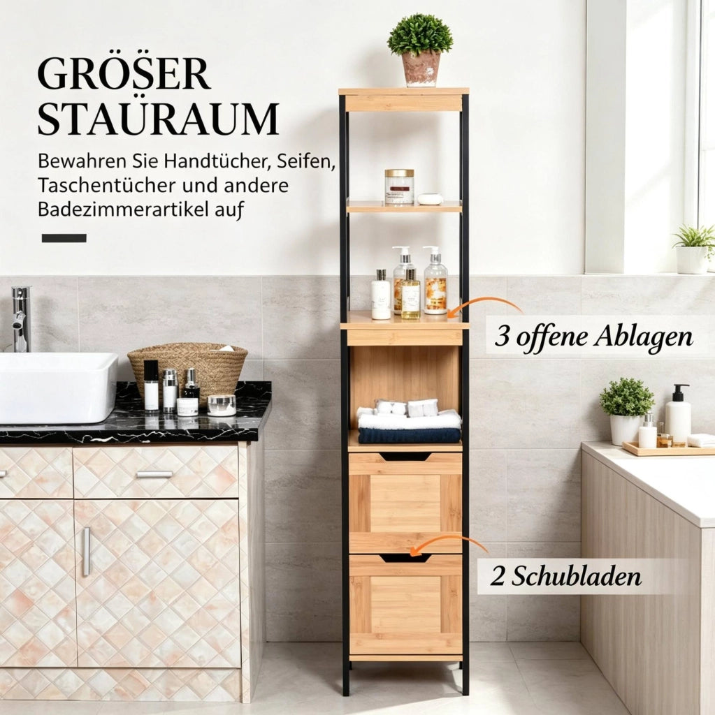 Colonna bagno 30x30x144,3 cm bambù nero, con 2 cassetti