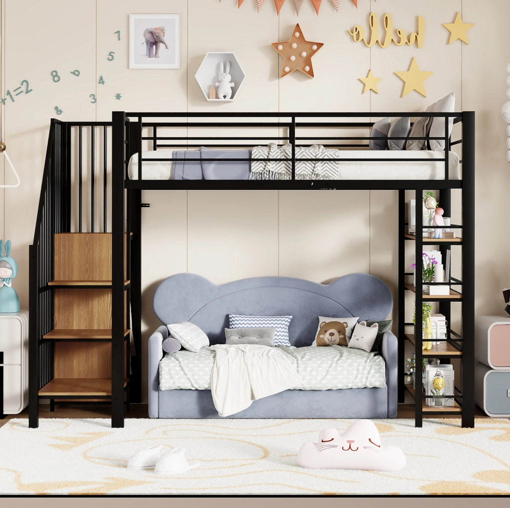 Letti a soppalco per bambini 90x200 cm con scala e armadio in metallo nero per cameretta, senza materasso