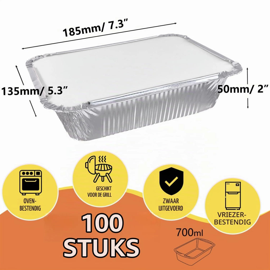 100 contenitori in alluminio con coperchio, capacità 700 ml, monouso, rettangolari