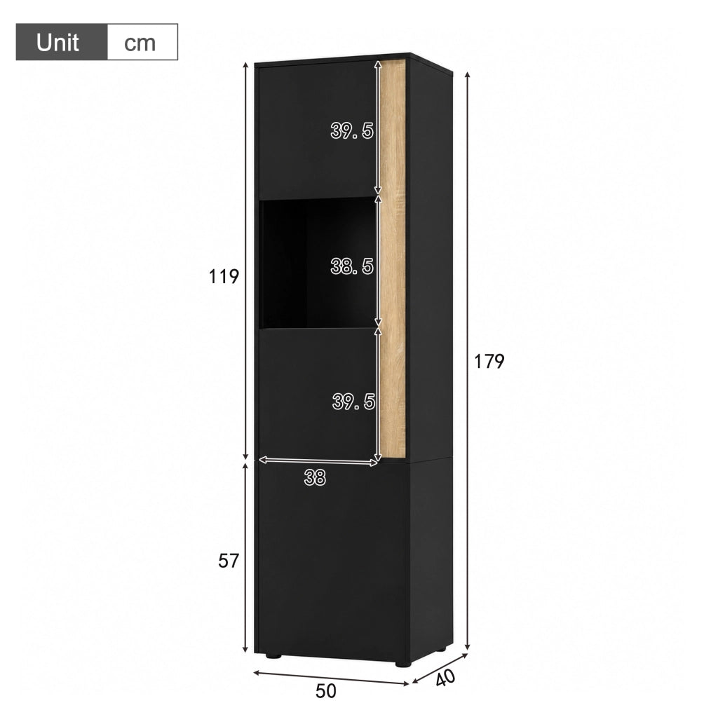 Mobile alto con illuminazione LED e 2 ante, nero e naturale