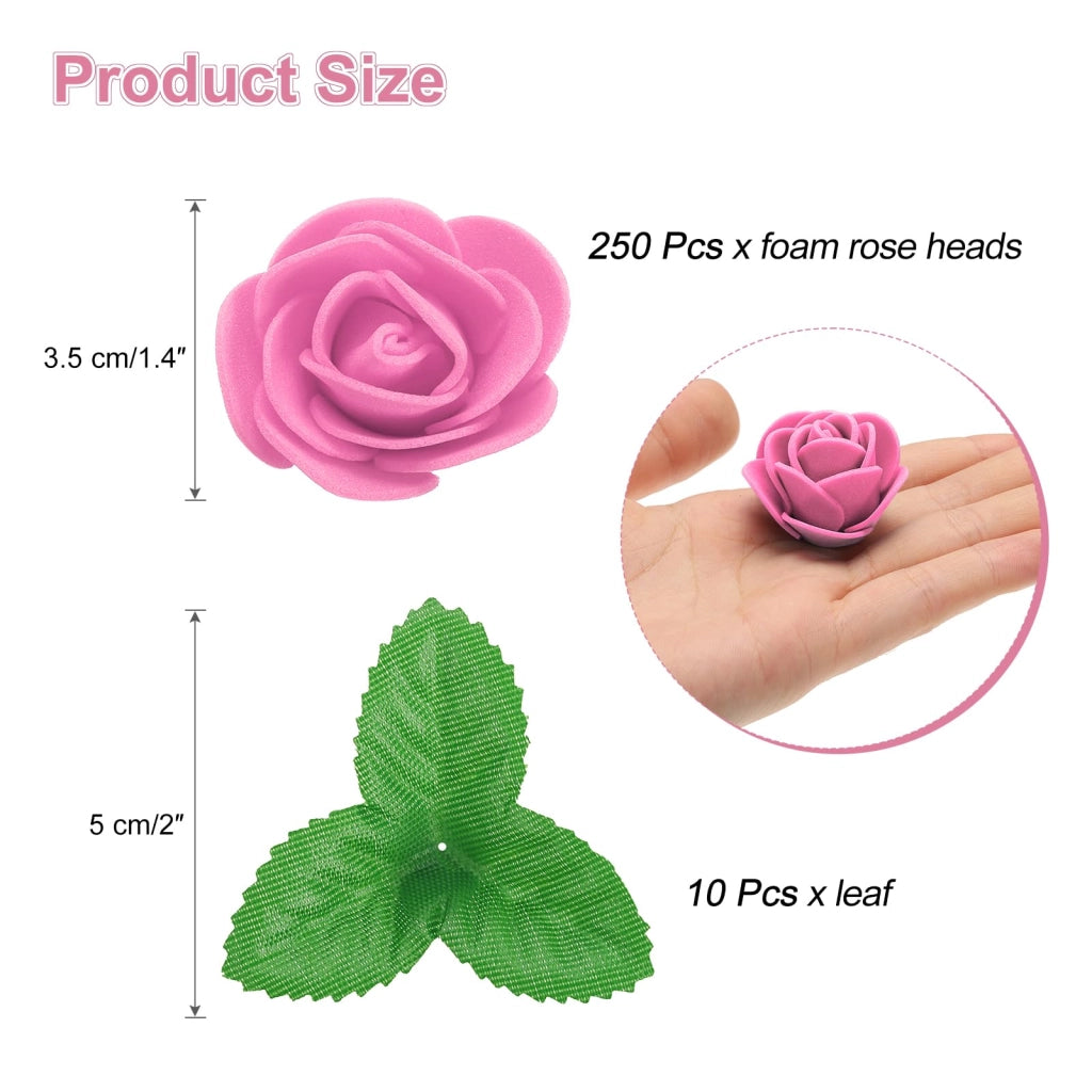 250 rose finto schiuma, 3,5 cm, senza stelo, con 10 foglie da 5 cm, per accessori per il fai-da-te, bouquet da sposa, decorazioni per la casa, rosa scuro