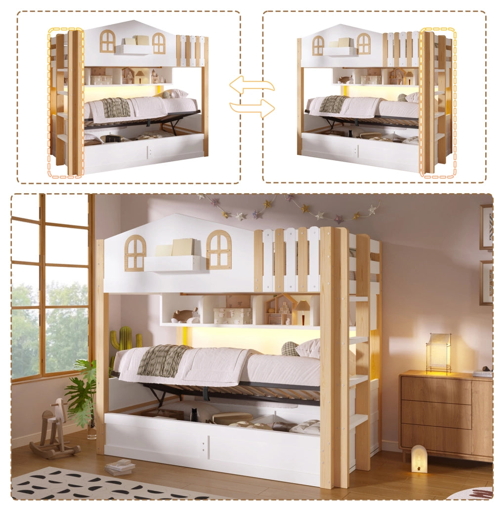 Letto a castello 90x200 cm stile casetta con contenitore idraulico; LED e scala reversibile