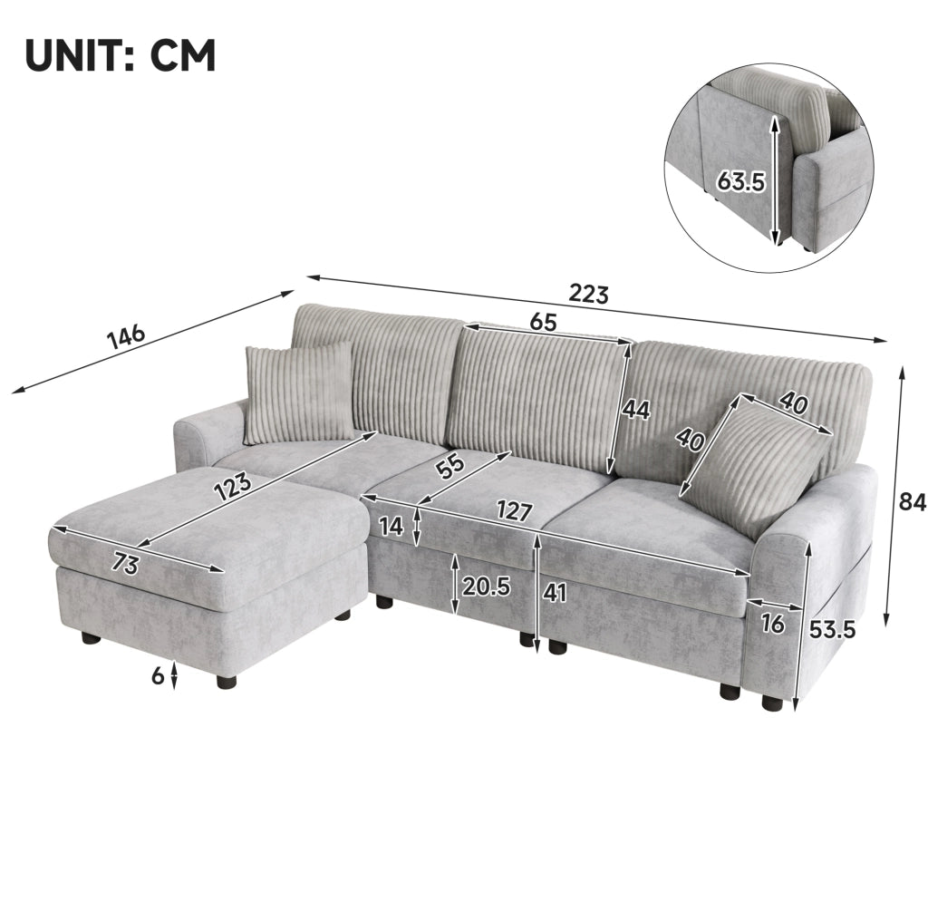 Divano grigio 223x146 cm con pouf, 2 cuscini, USB e USB-C in ciniglia e velluto a coste