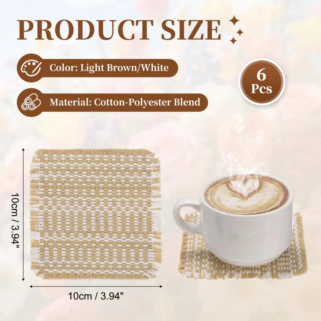 Set di 6 sottobicchieri tessuti, 10x10 cm, color beige chiaro/bianco, in misto cotone