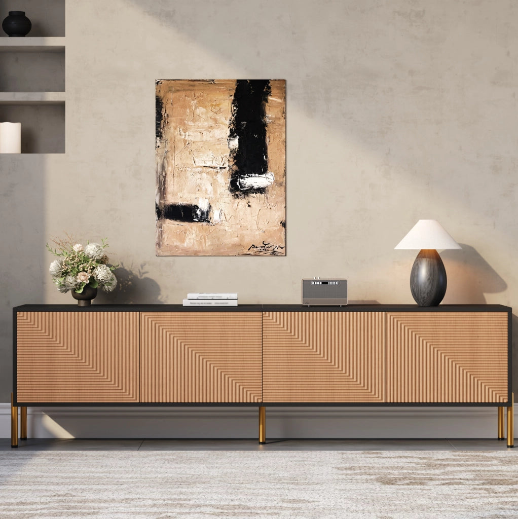 Mobile TV moderno nero e naturale 179x35x53,5 cm con gambe oro e design minimalista