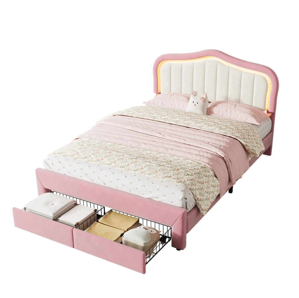 Letto imbottito 140 x 200 cm rosa con 2 cassetti e LED