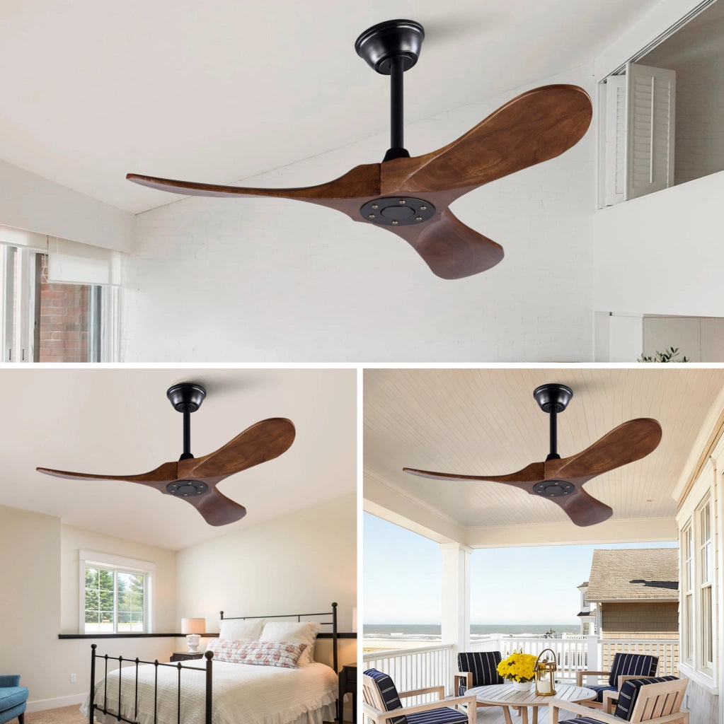 Ventilatore da soffitto in legno a 3 pale, 6 velocità, nero e noce scuro