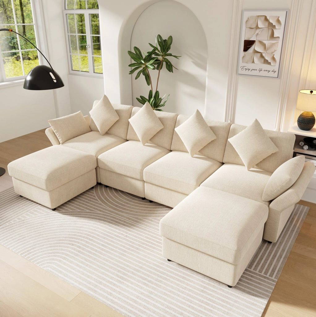 Divano modulare in ciniglia beige 4-6 posti con 2 pouf
