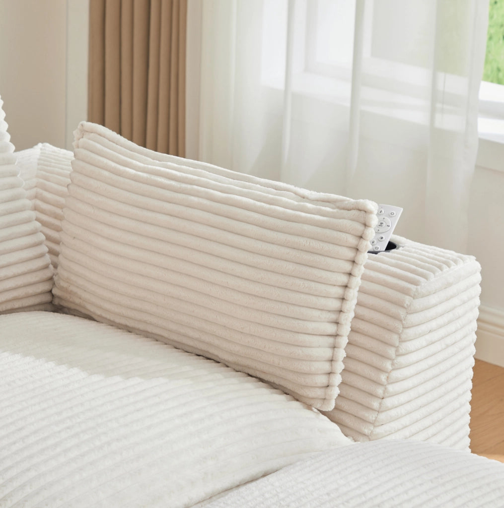 Divano modulare a 3 posti beige con pouf, cuscini e tasche laterali