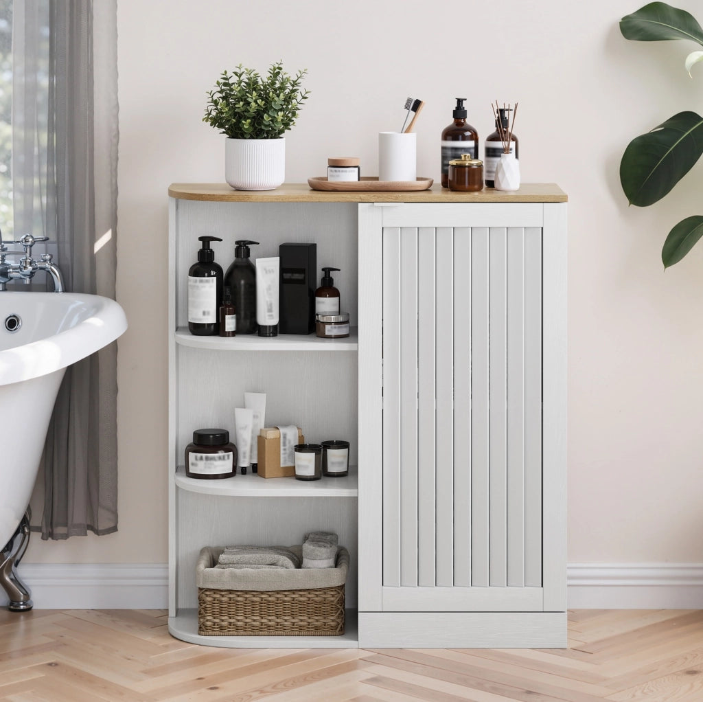 Scaffale angolare bagno 68x25x76 cm MDF bianco e rovere, ripiano aperto