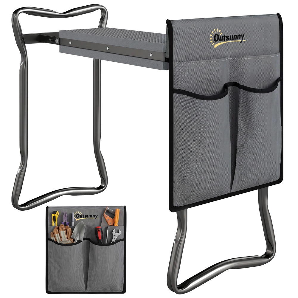 Inginocchiatoio da Giardino Pieghevole Sgabello con Cuscino e Tasche Porta Attrezzi 58 x 28 x 49cm Grigio Max 150kg