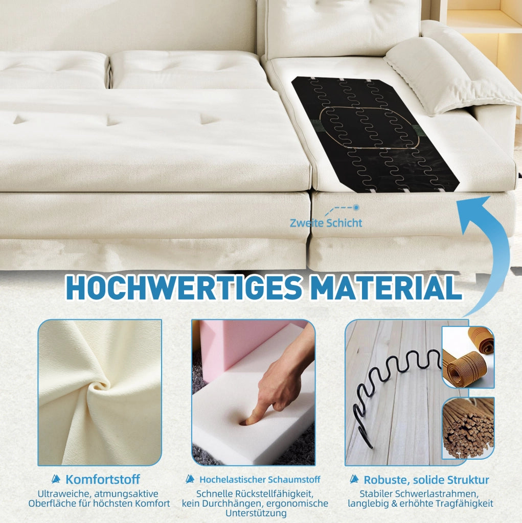 Divano letto modulare a U 278 cm in ciniglia beige con USB