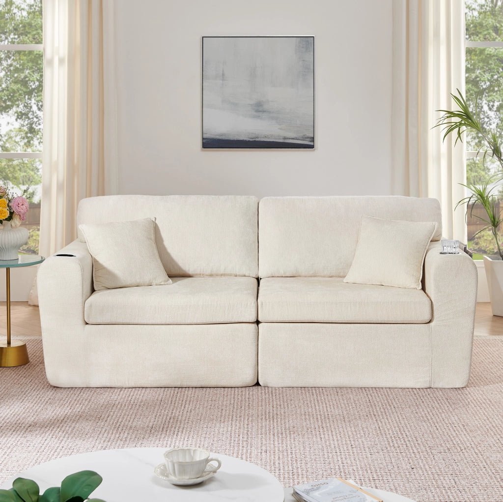 Divano relax 2 posti in ciniglia beige con USB e portabicchieri