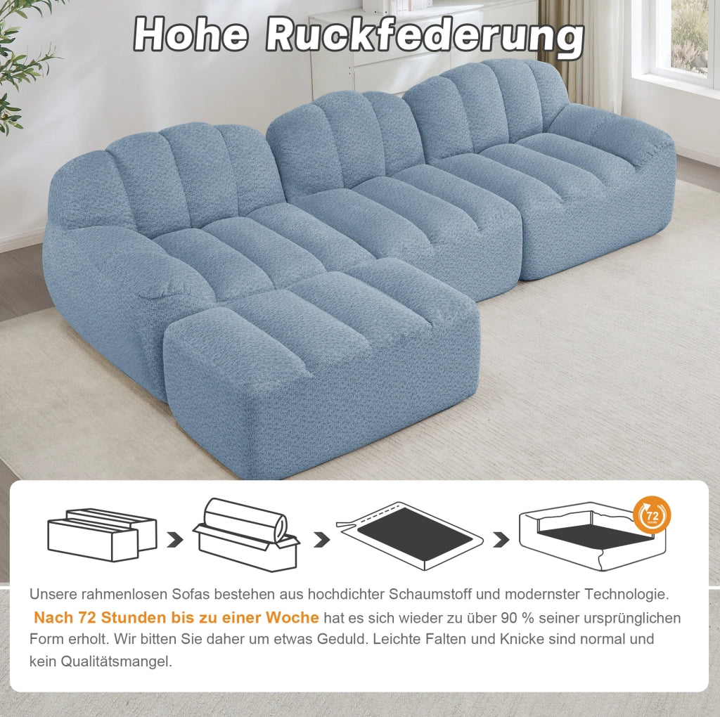 DIVANO angolare modulare 3 posti con pouf 288x165x79 cm in pile granulato blu