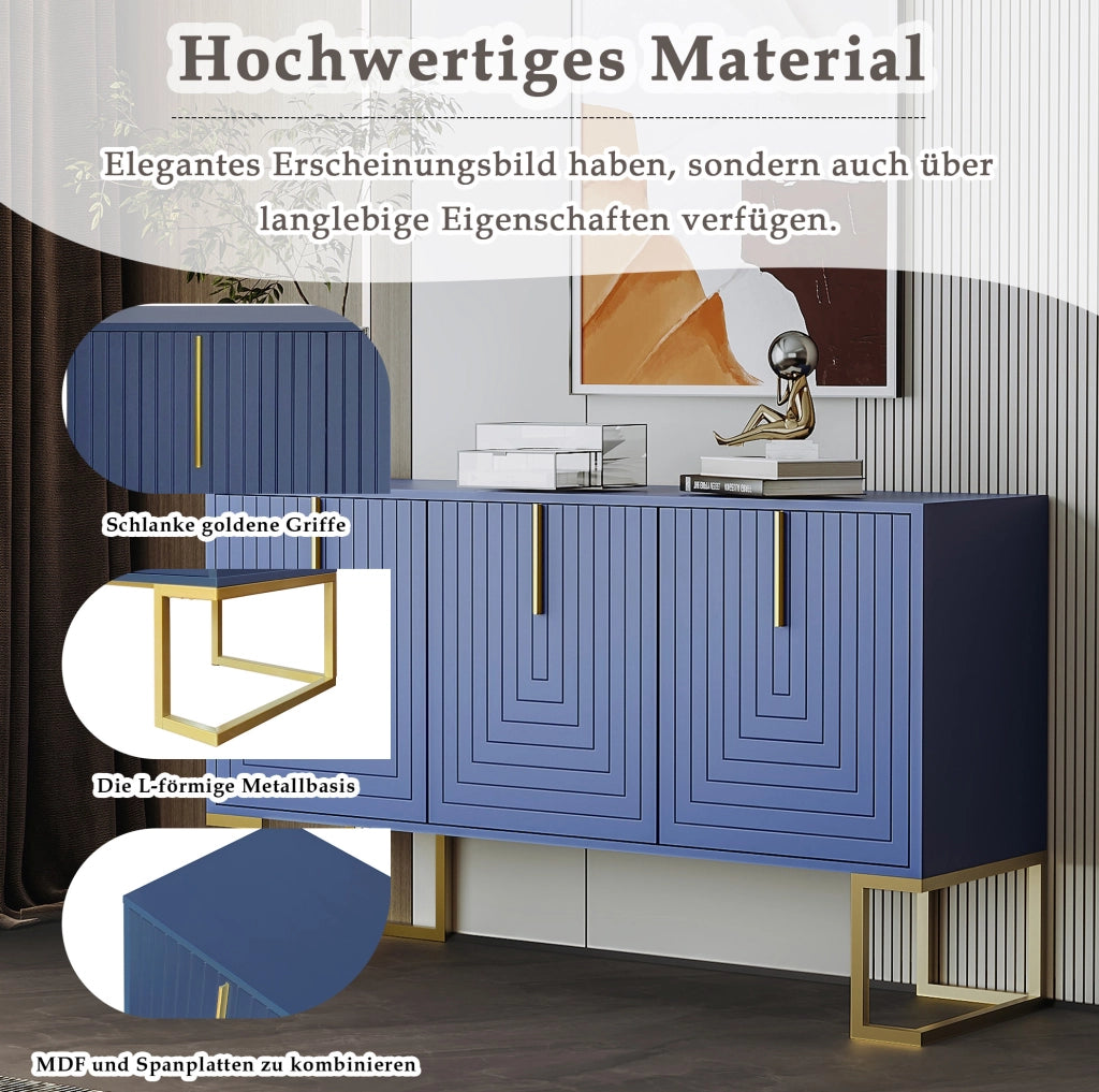 Credenza a 3 ante blu navy con ripiani regolabili e base in metallo
