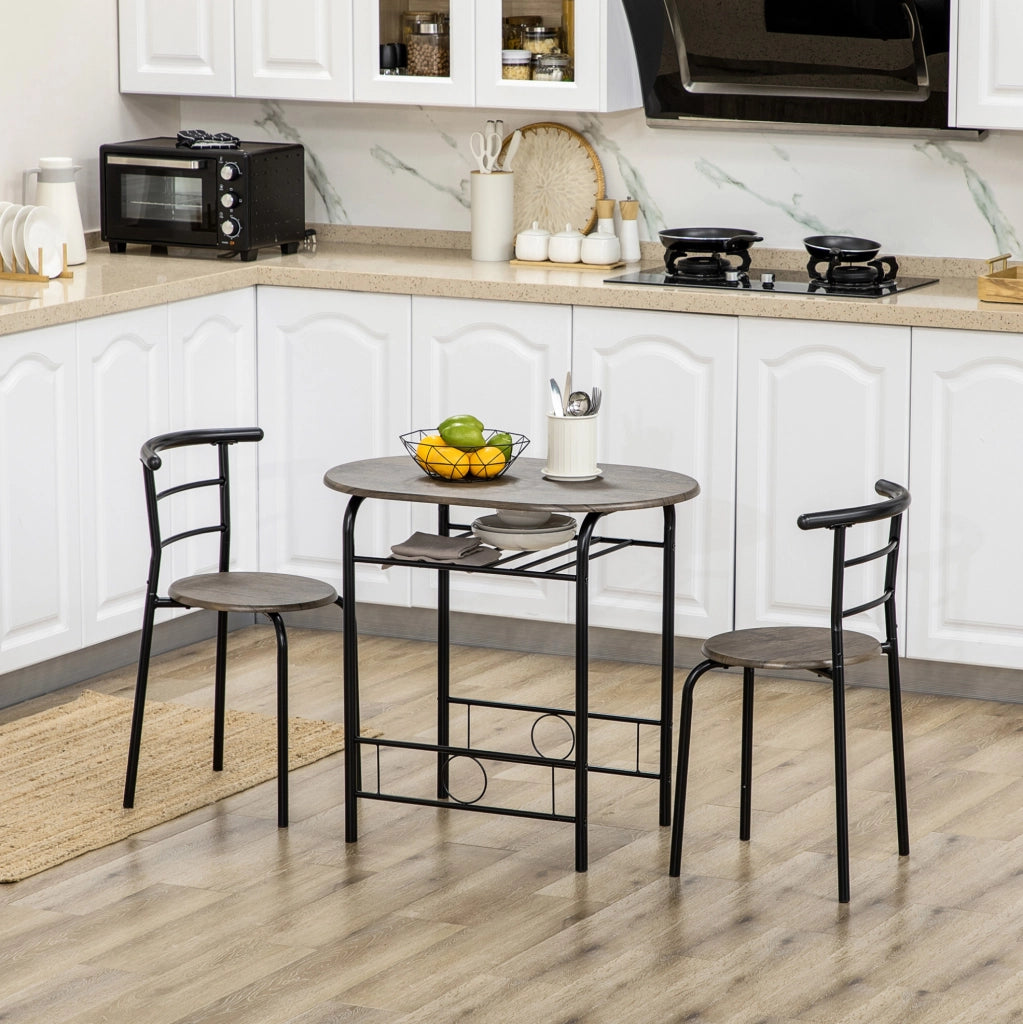 Set Bistro con Tavolo da Pranzo e 2 Sedie, 80x53x74,5 cm, Nero, Design Compatto con Ripiano