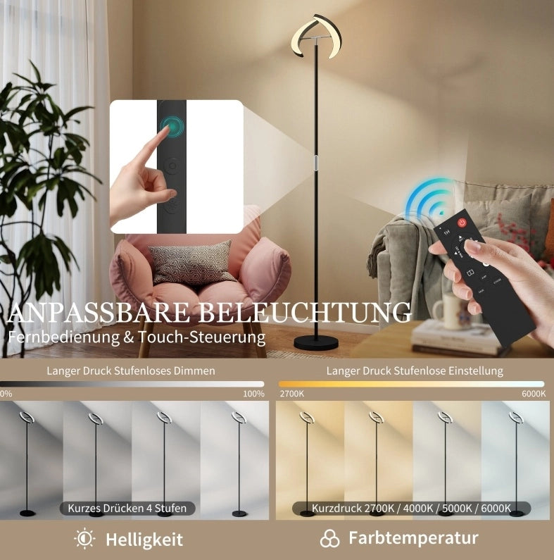 Lampada da terra LED RGB nera con doppia testa orientabile e telecomando