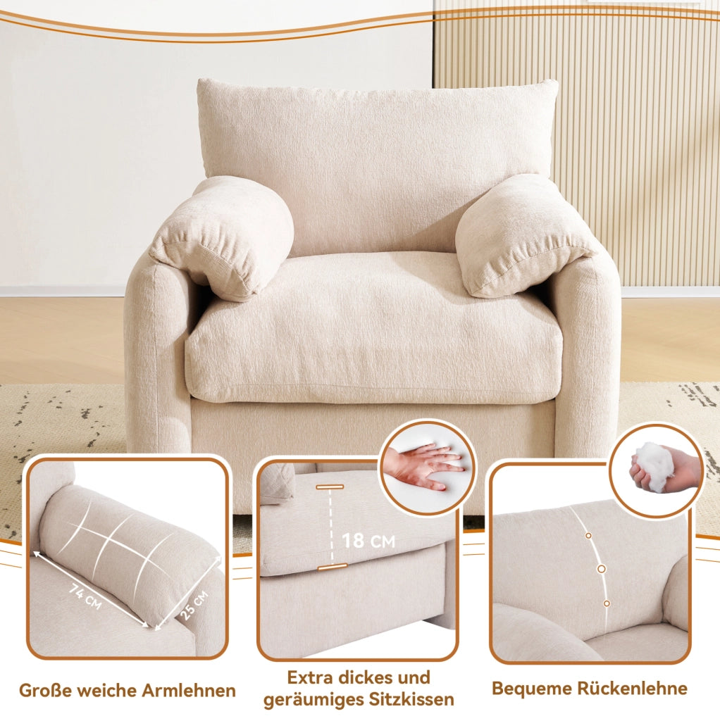 Poltrona singola in ciniglia beige 96 cm con braccioli