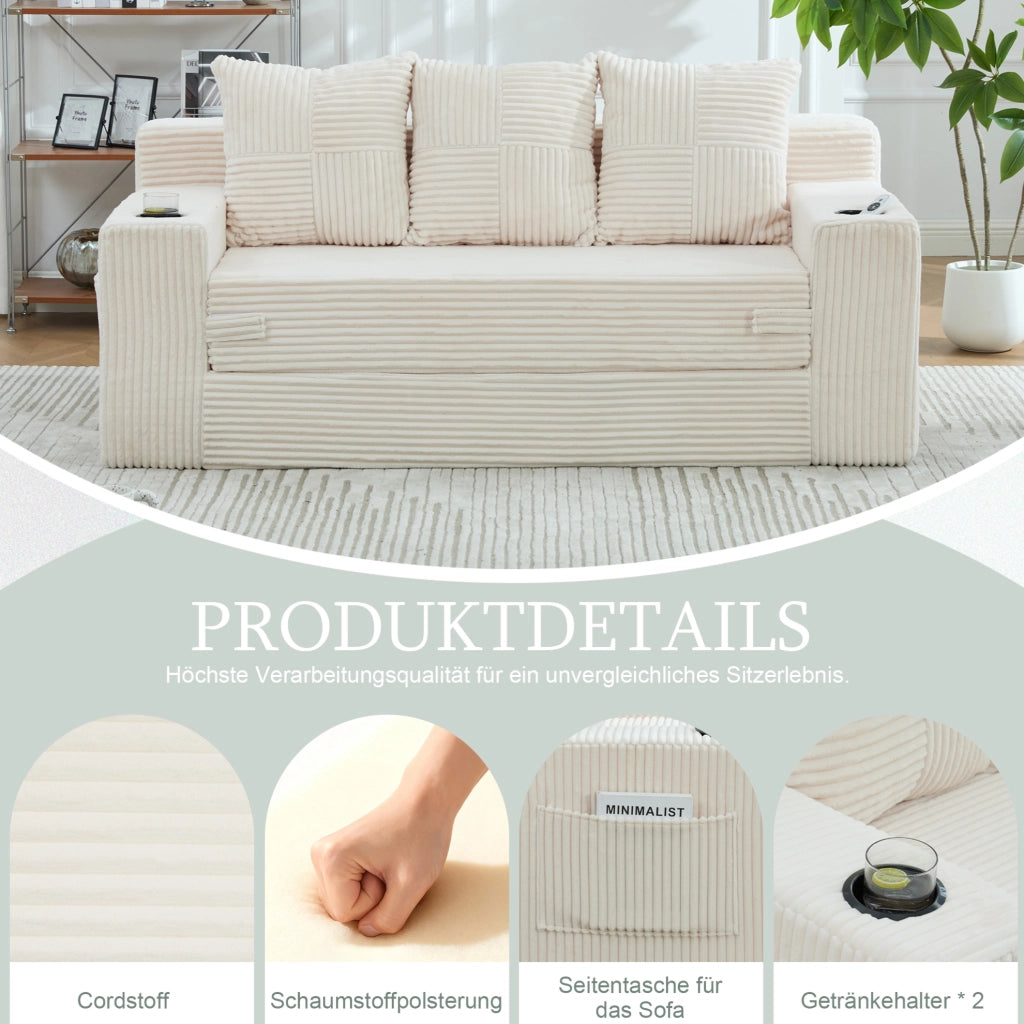 Divano modulare beige in velluto a coste con portabicchieri