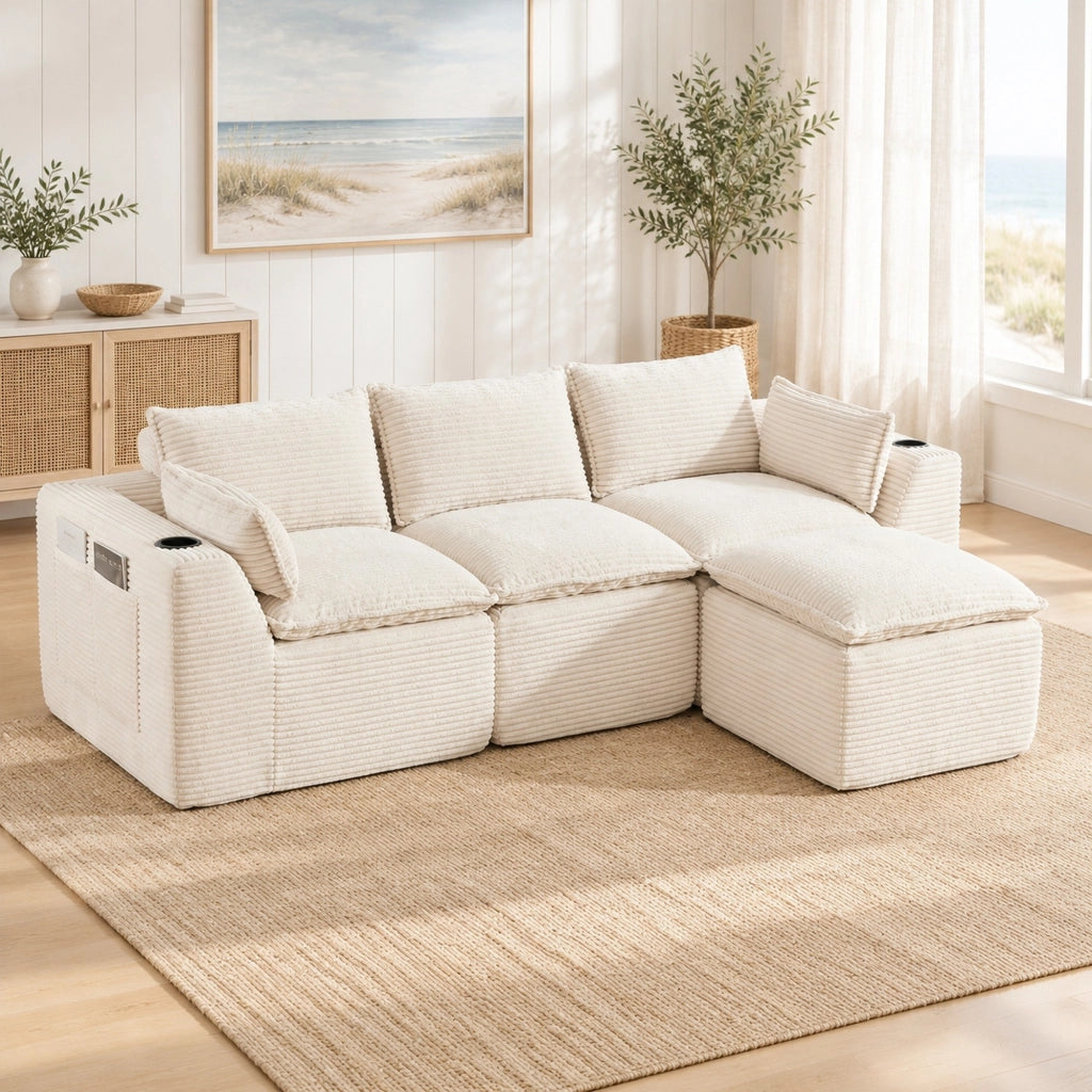 Divano modulare a 3 posti beige con pouf, cuscini e tasche laterali