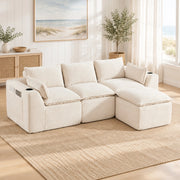 Divano modulare a 3 posti beige con pouf, cuscini e tasche laterali
