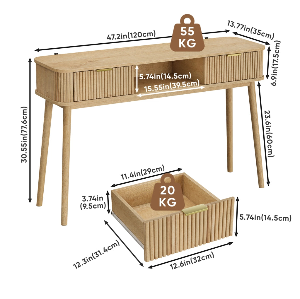 Consolle effetto rovere con 2 cassetti e ripiano aperto