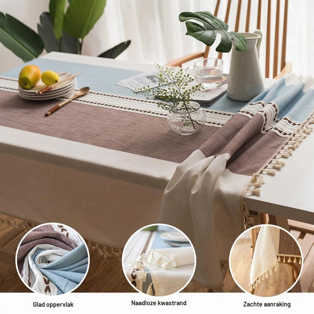 Tovaglia 140x220 cm, cotone e lino, con frange, motivo a righe blu e marrone