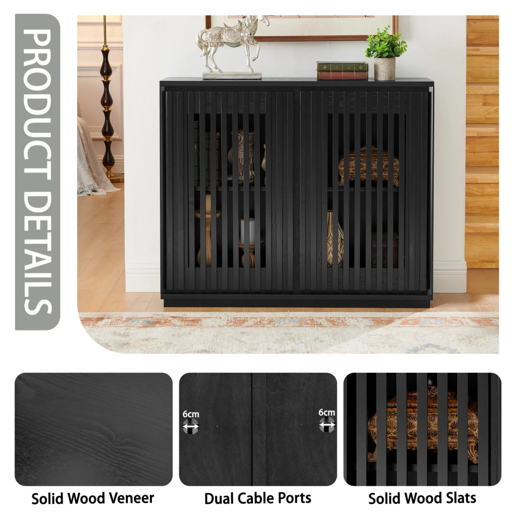 Credenza nera in MDF con ante a listelli e 2 aperture passacavi, 99 x 23,5 x 82,6 cm