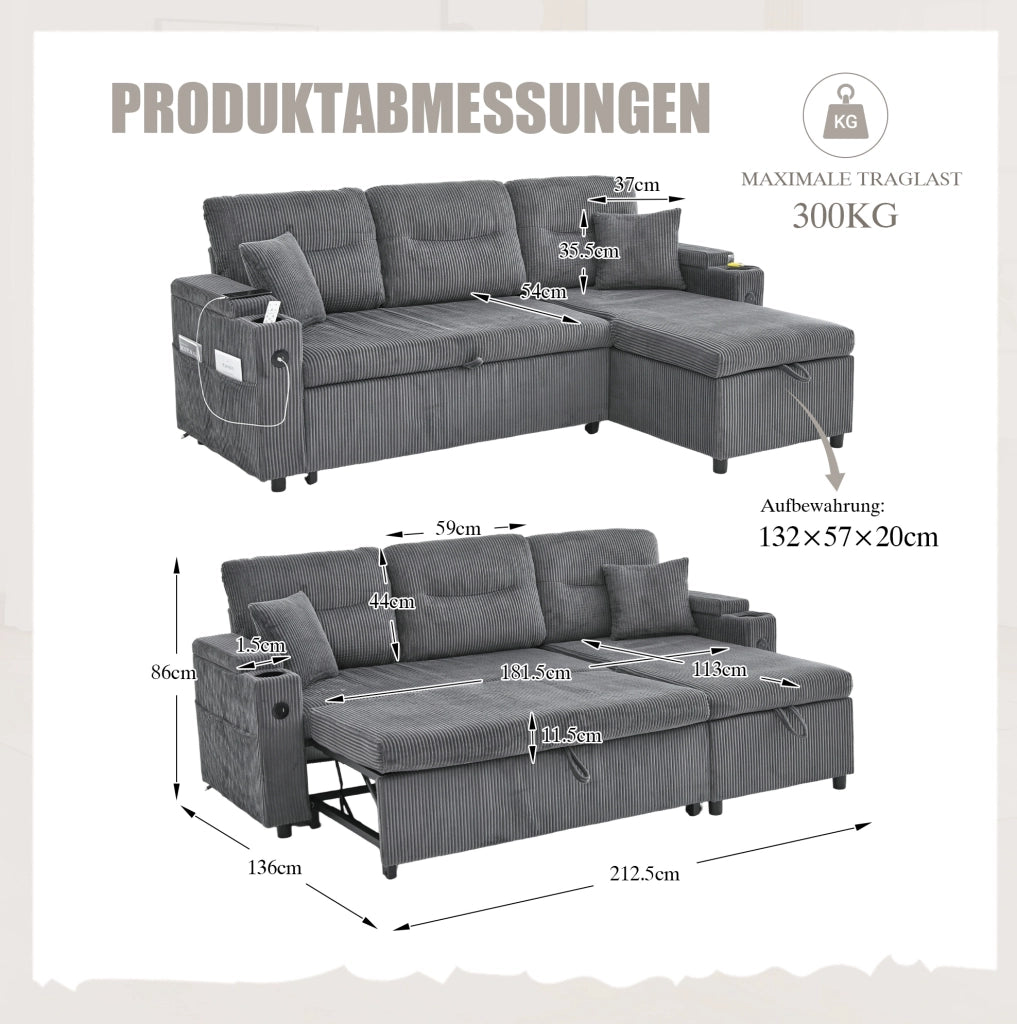 Divano letto 3 posti 212,5 x 136 x 86 cm grigio carbone con contenitore