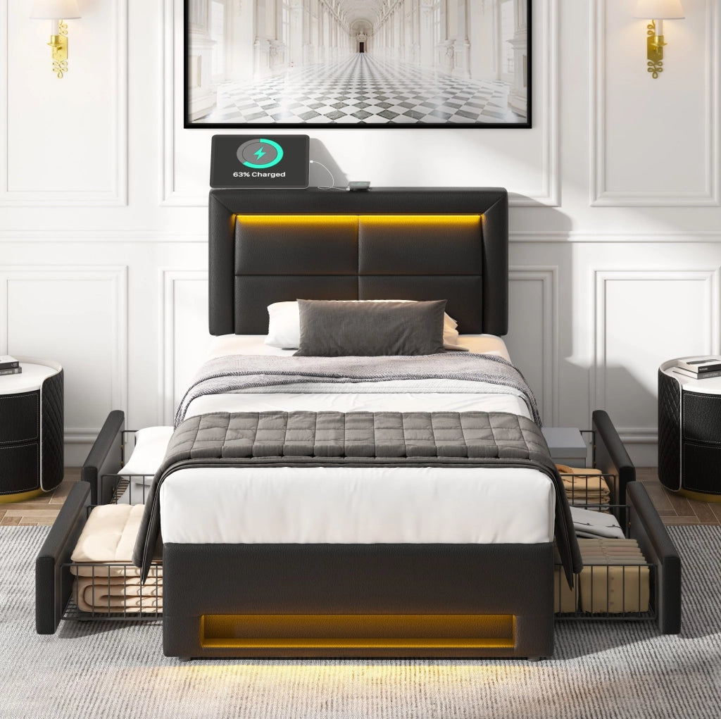Letto singolo 90x200 cm in PU con LED; USB e 4 cassetti; nero