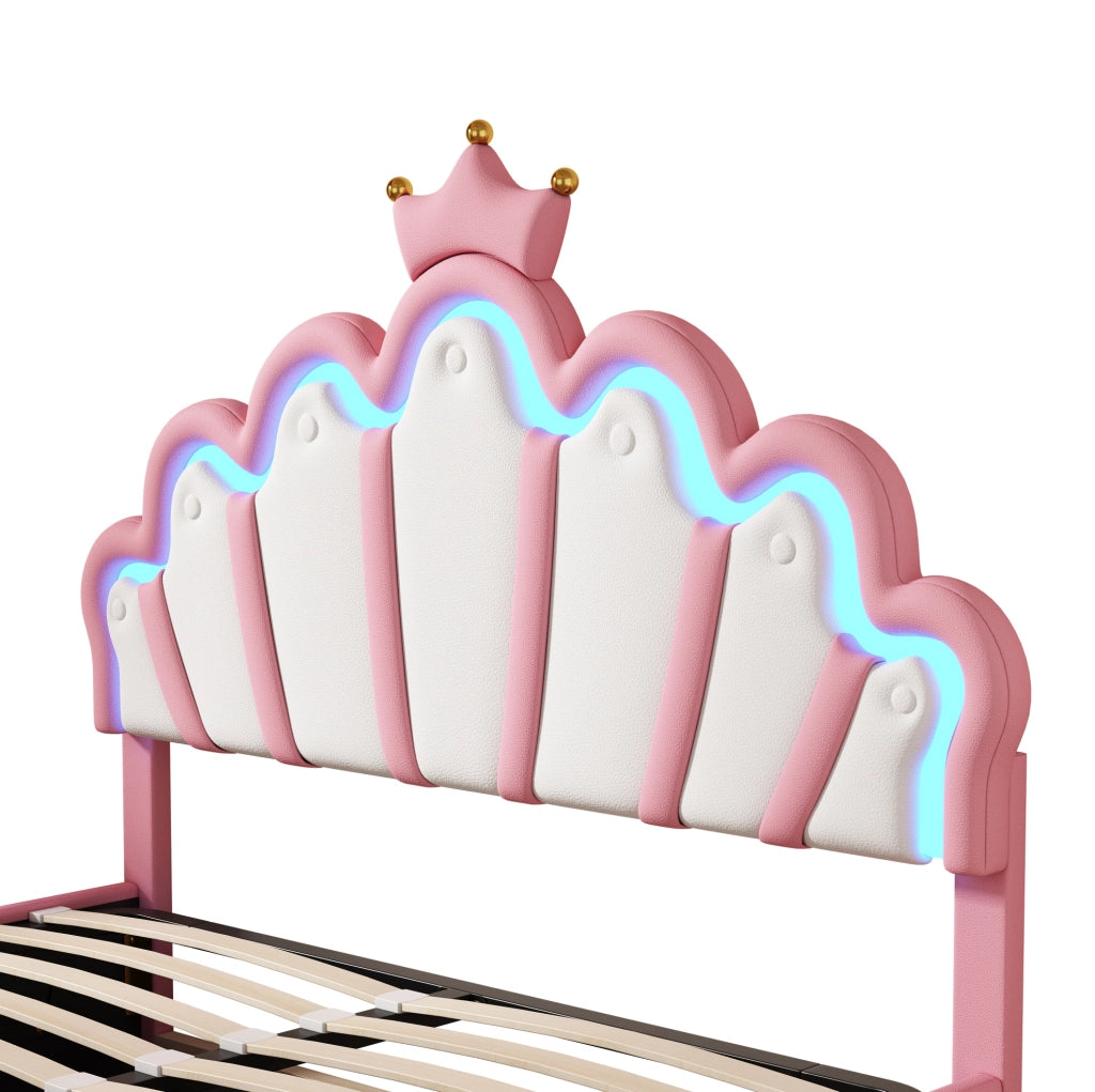 Letto contenitore imbottito 140 x 200 cm rosa con LED e corona