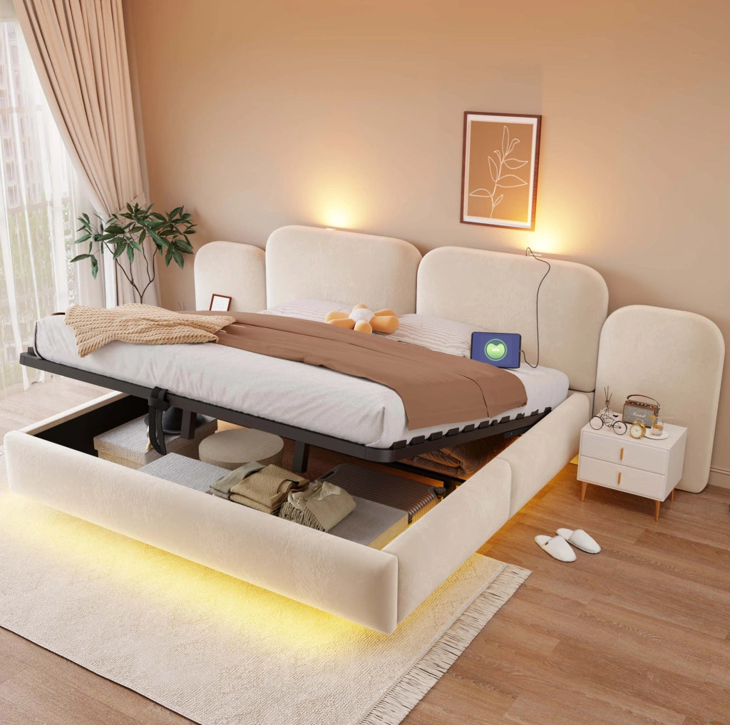 Letto contenitore imbottito 180 x 200 cm beige con LED e prese USB