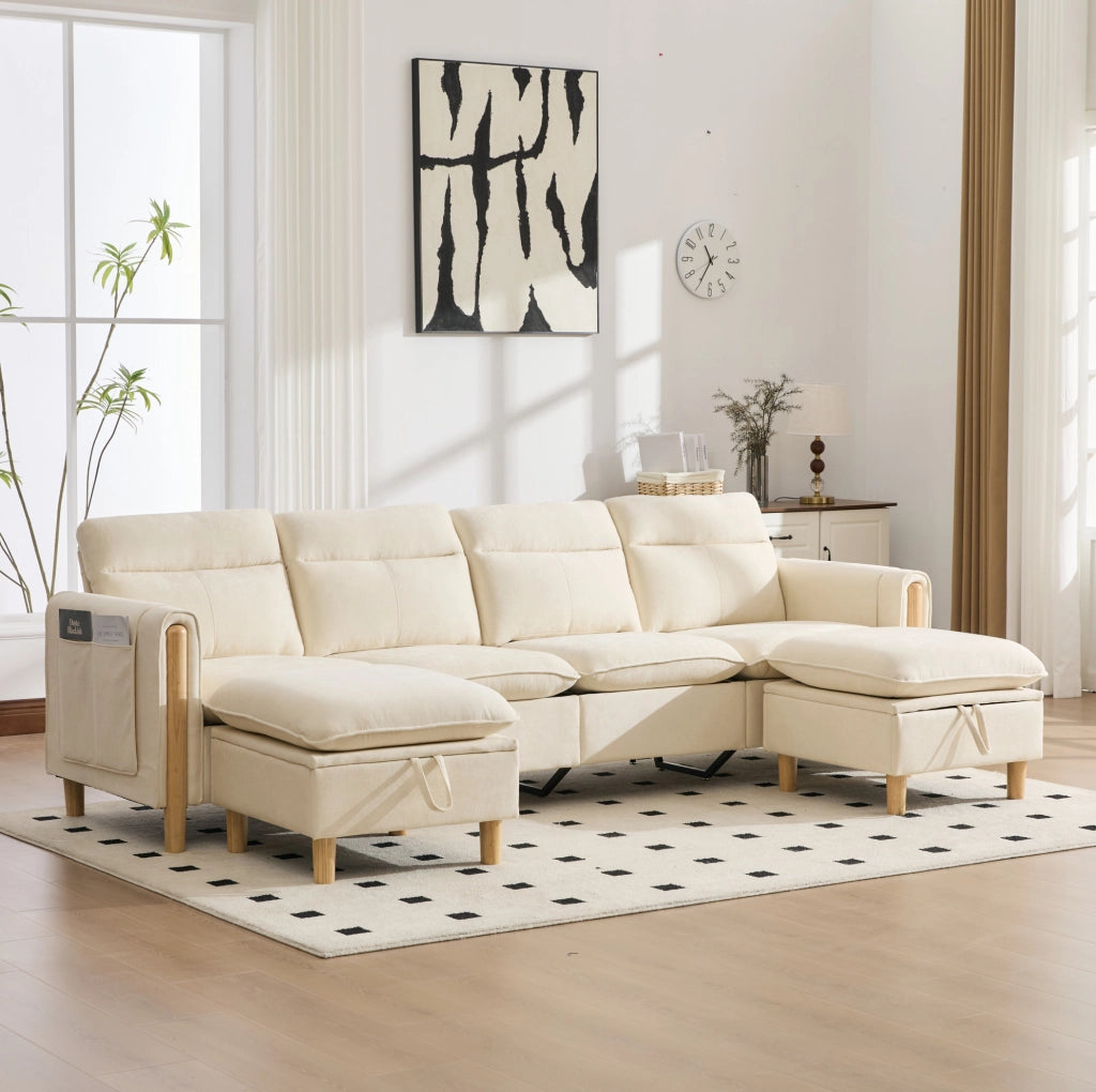 Divano modulare a 4 posti in ciniglia beige con 2 pouf contenitore