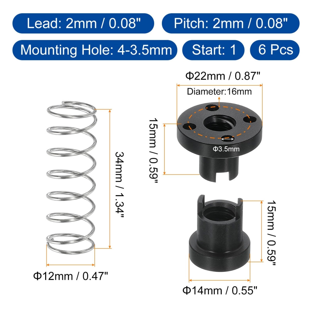 6 viti a sfera autobloccanti, modello Tr8, realizzate in POM, passo di 2 mm, diametro del foro di 3,5 mm