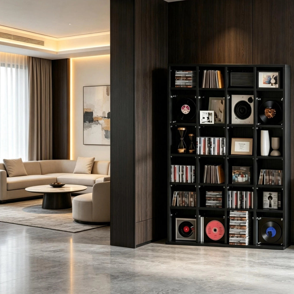 Scaffale portamedia per CD e DVD nero con ripiani regolabili