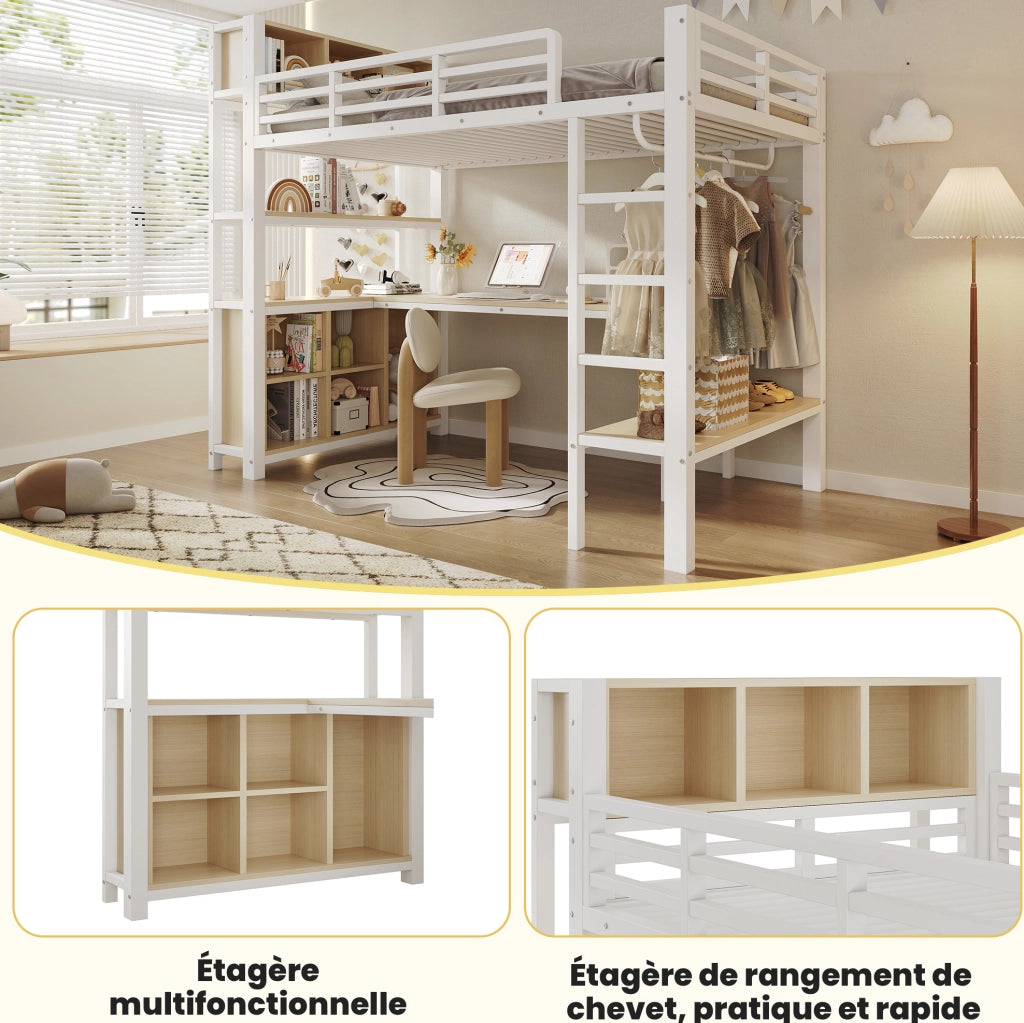 Letto a soppalco 90x200 cm con scrivania; appendiabiti; ripiani e vani in MDF e metallo bianco