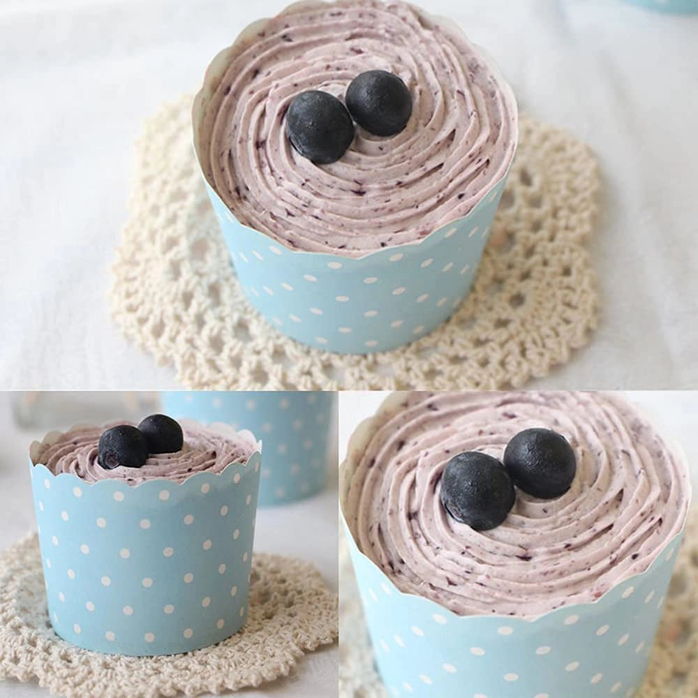 100 stampini di carta per cupcake, con pois, blu/rosa