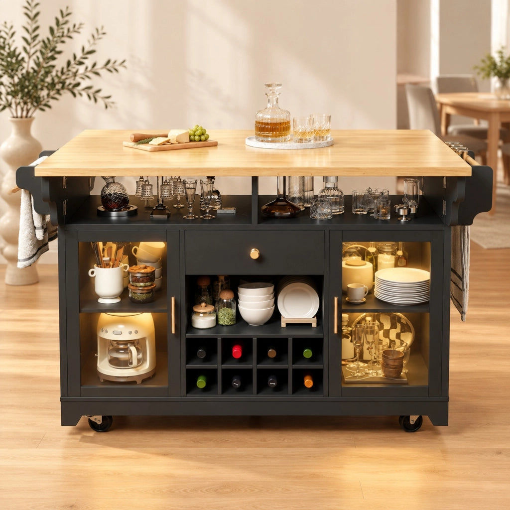Carrello da Cucina con Illuminazione LED RGB, Ripiani Regolabili, Tavolo Estendibile e Portabottiglie, Altezza 95 cm, Nero