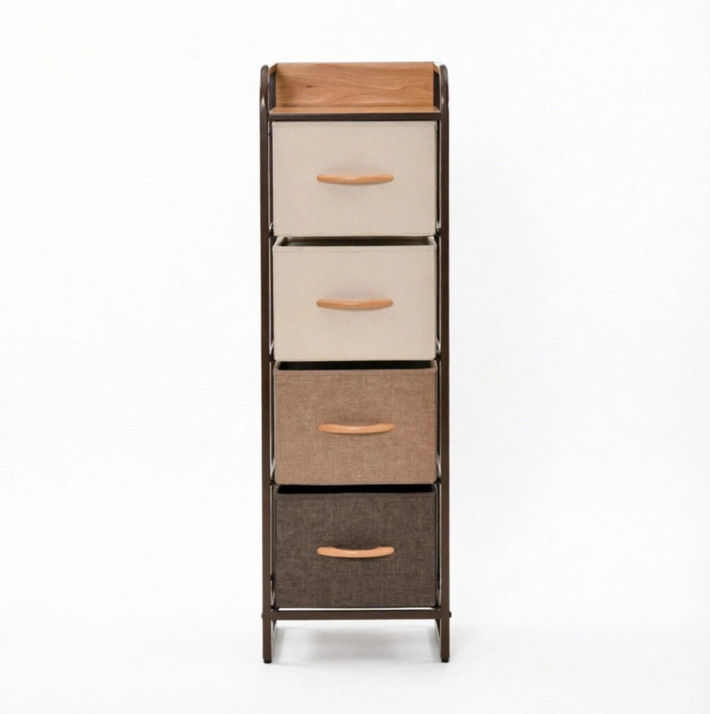 Cassettiera beige e marrone con 4 cassetti pieghevoli