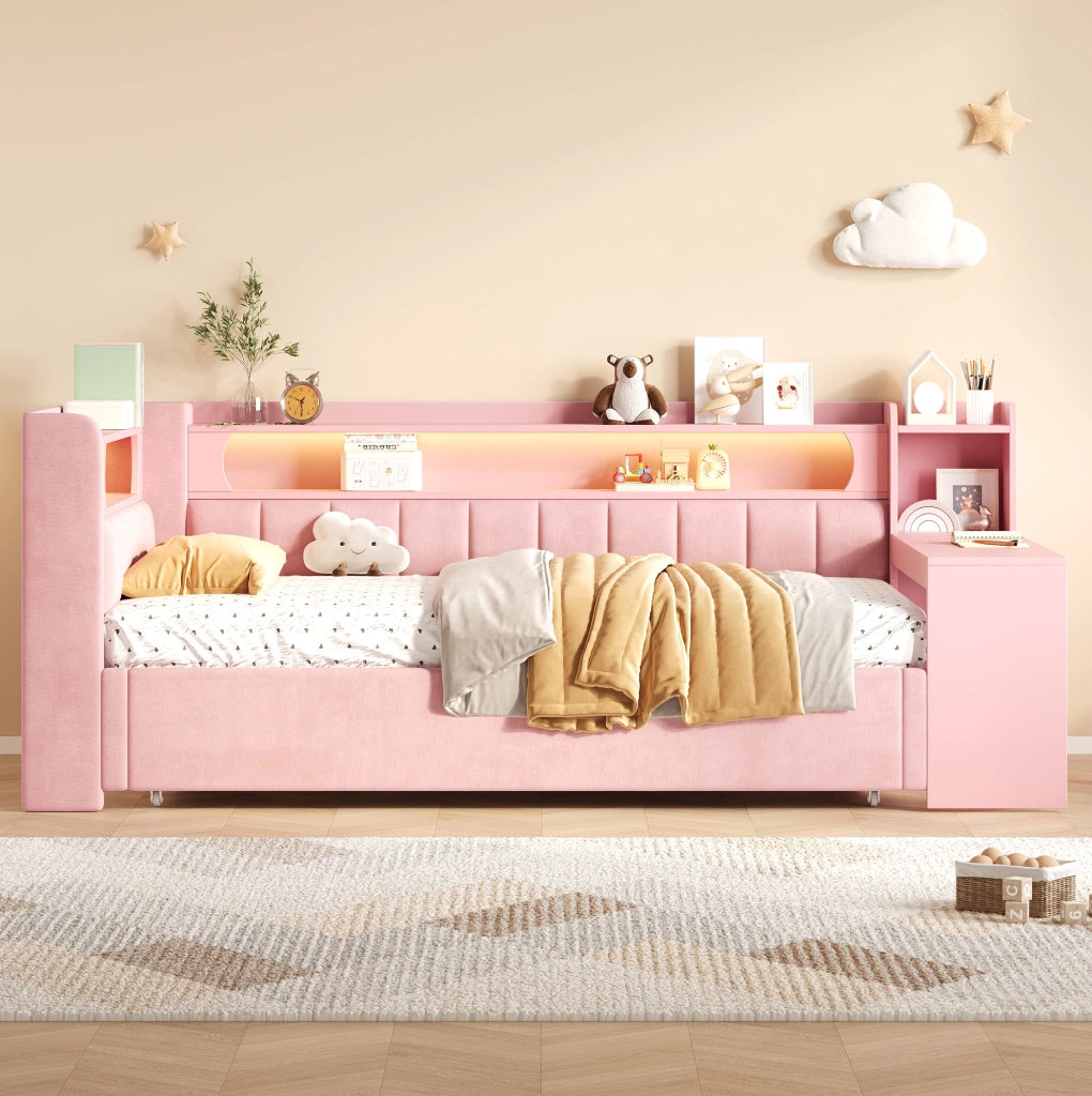 Letto imbottito rosa estensibile con scrivania, luci LED e prese USB