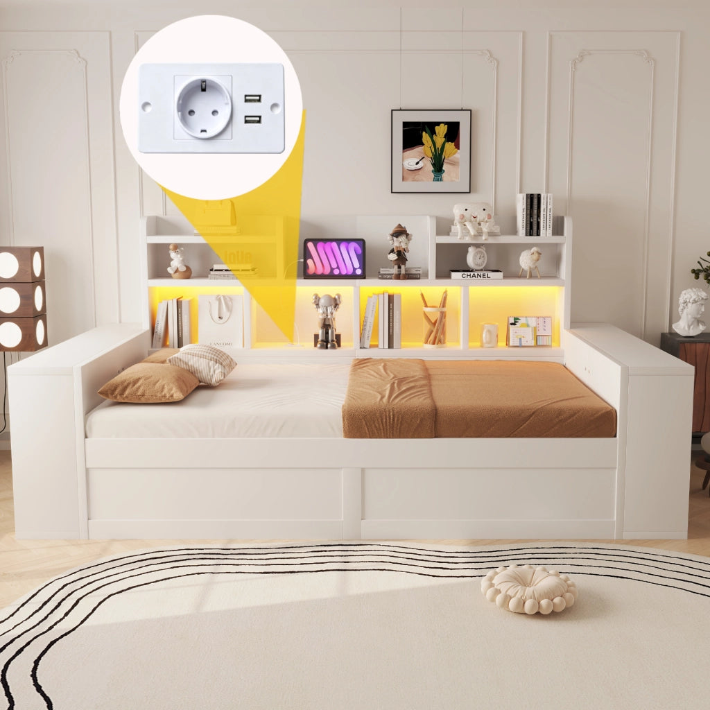 Divano letto singolo 90 x 200 cm bianco con contenitore, LED e prese