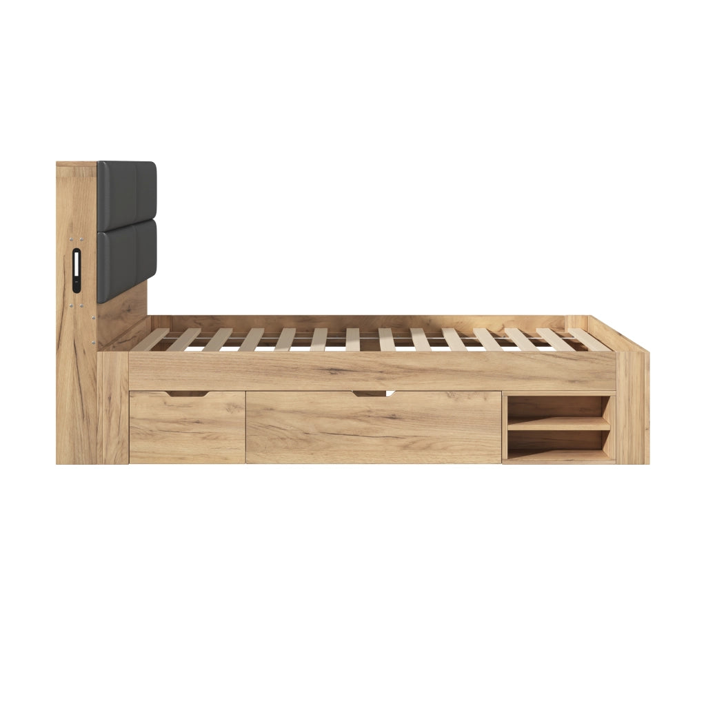 Letto singolo 90x200 cm con cassetti e comodini estraibili; in MDF color naturale per cameretta