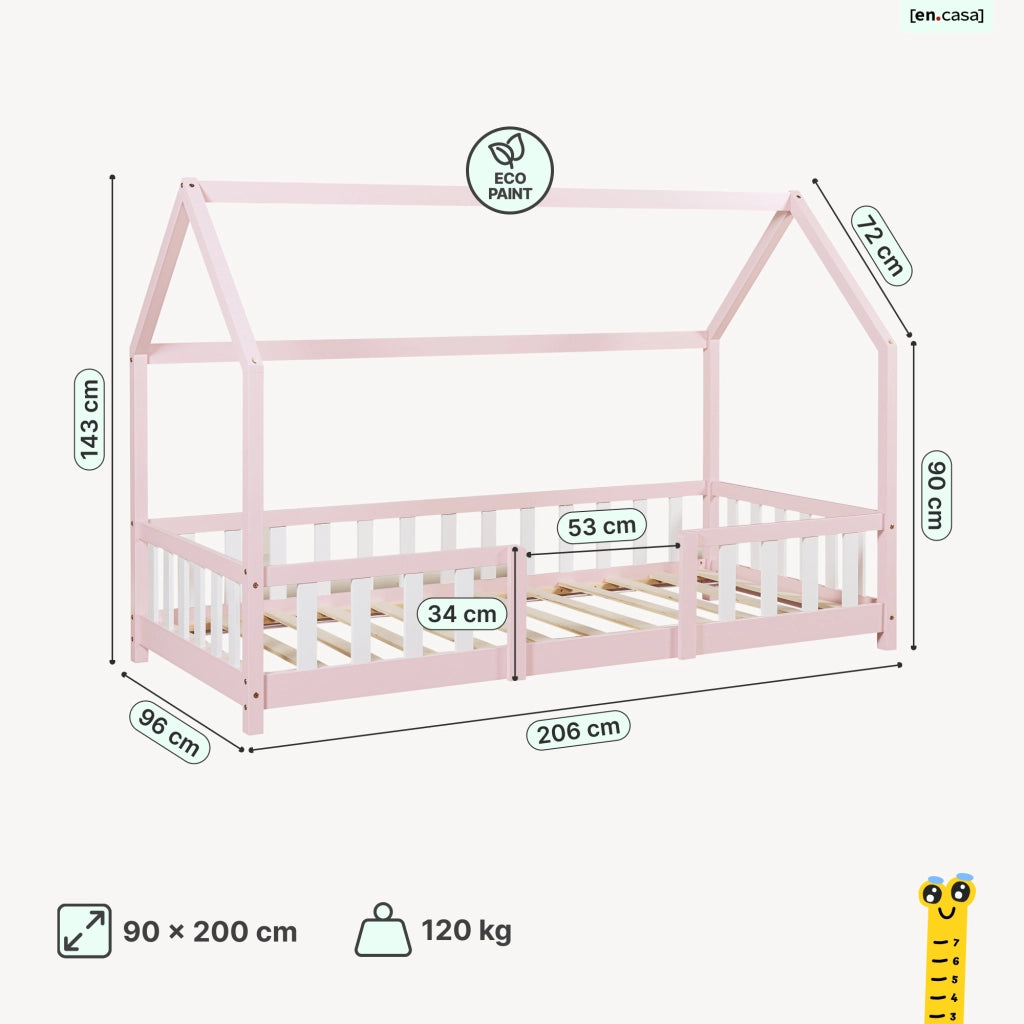 Letto per Cameretta Sisimiut a Forma di Casetta 90x200 cm Rosa / Bianco [en.casa]