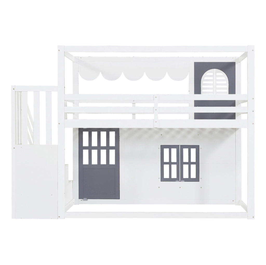 Letto a soppalco per bambini 90x200 cm a casetta bianco e blu