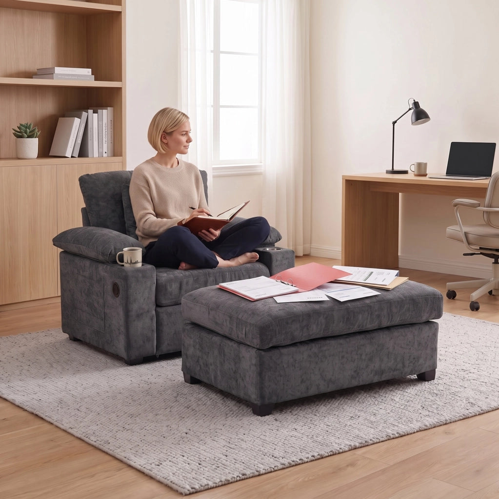 Divano trasformabile grigio scuro con pouf, porta USB e vani contenitori
