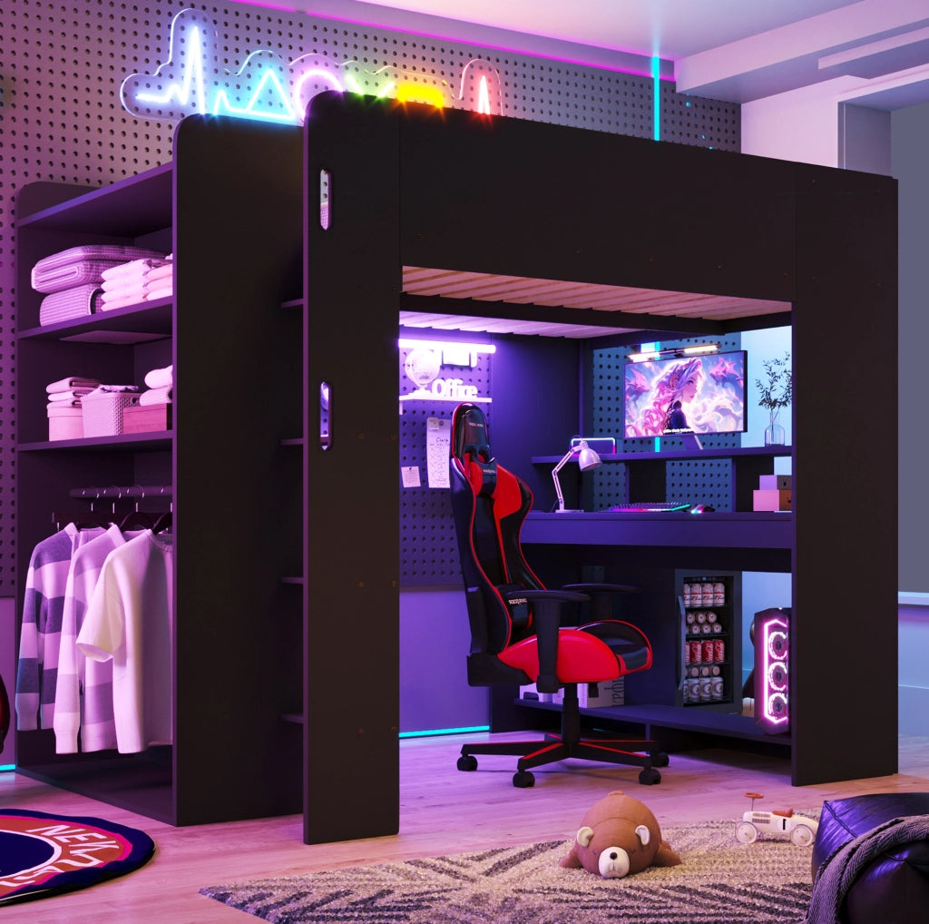 Letto a soppalco gaming 140x200 cm con scrivania, armadio e LED, nero