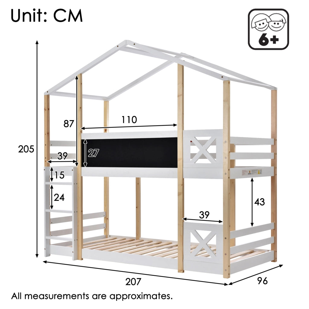 Letto a castello per bambini 90x200 cm con scala, tetto e rete a doghe in legno bianco per cameretta, senza materasso